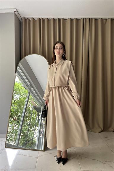BEL BÜZGÜ DETAYLI YELEKLİ ELBİSE