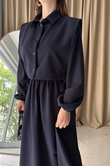 BEL BÜZGÜ DETAYLI YELEKLİ ELBİSE