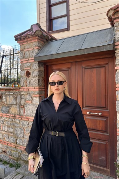 BEL LASTİKLİ KEMER DETAYLI GÖMLEK ELBİSE