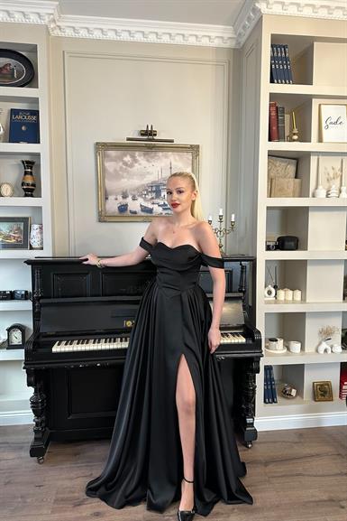 DÜŞÜK OMUZ SATEN ABİYE ELBİSE