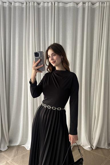 ETEĞİ PİLİSE DETAYLI SANDY ELBİSE
