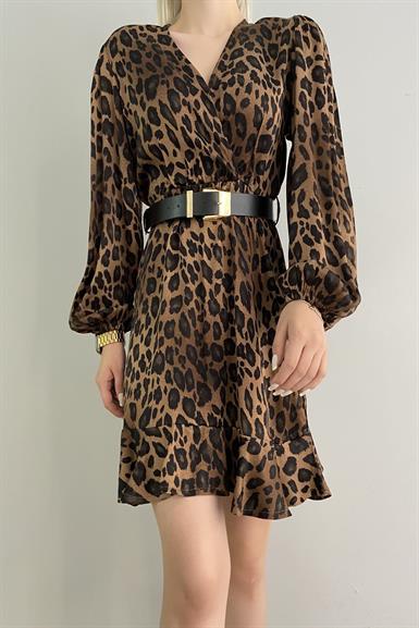 LEOPAR DESEN KRUVAZE ELBİSE