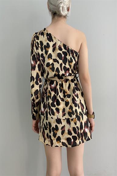 LEOPAR DESEN TEK OMUZ ELBİSE
