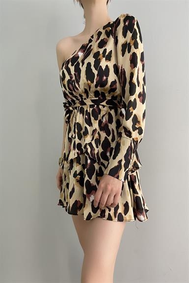 LEOPAR DESEN TEK OMUZ ELBİSE