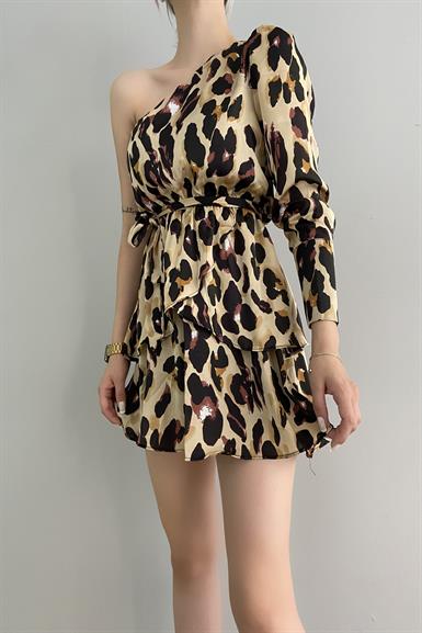LEOPAR DESEN TEK OMUZ ELBİSE