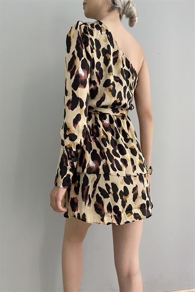 LEOPAR DESEN TEK OMUZ ELBİSE