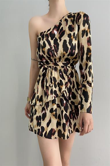 LEOPAR DESEN TEK OMUZ ELBİSE
