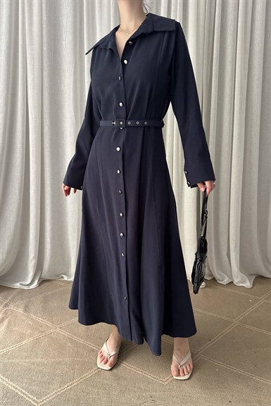 ÖN DÜĞMELİ KEMERLİ TENCEL GÖMLEK ELBİSE