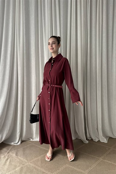 ÖN DÜĞMELİ KEMERLİ TENCEL GÖMLEK ELBİSE
