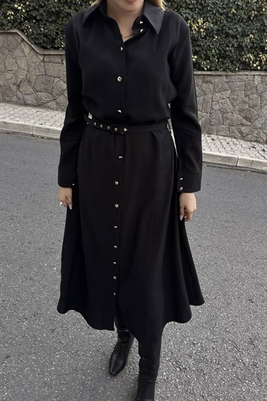 ÖN DÜĞMELİ KEMERLİ TENCEL GÖMLEK ELBİSE