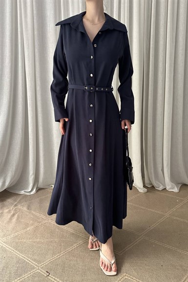 ÖN DÜĞMELİ KEMERLİ TENCEL GÖMLEK ELBİSE