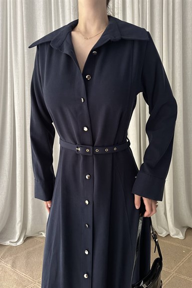 ÖN DÜĞMELİ KEMERLİ TENCEL GÖMLEK ELBİSE