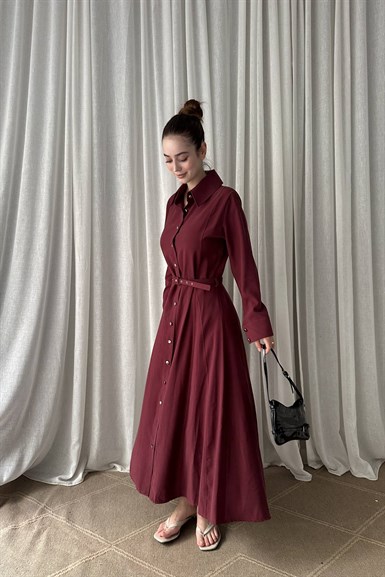 ÖN DÜĞMELİ KEMERLİ TENCEL GÖMLEK ELBİSE