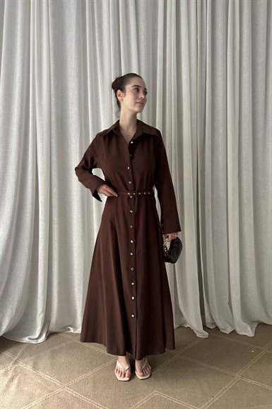 ÖN DÜĞMELİ KEMERLİ TENCEL GÖMLEK ELBİSE