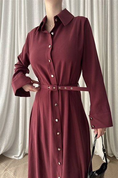 ÖN DÜĞMELİ KEMERLİ TENCEL GÖMLEK ELBİSE