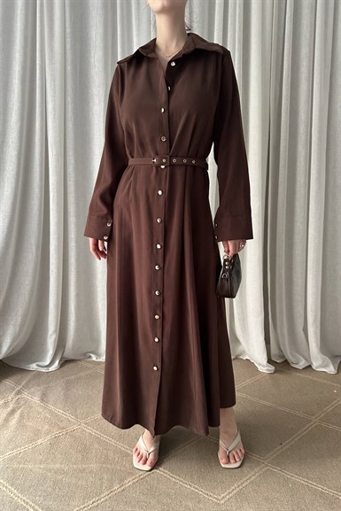 ÖN DÜĞMELİ KEMERLİ TENCEL GÖMLEK ELBİSE