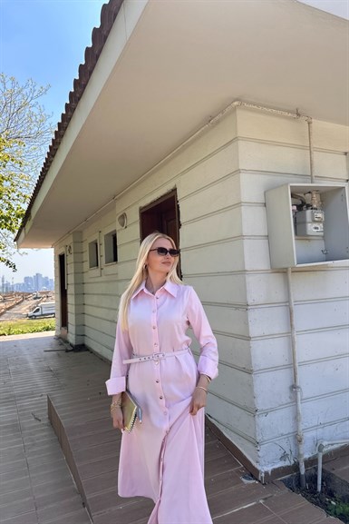 ÖN DÜĞMELİ KEMERLİ TENCEL GÖMLEK ELBİSE