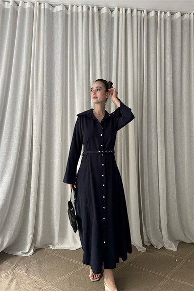 ÖN DÜĞMELİ KEMERLİ TENCEL GÖMLEK ELBİSE