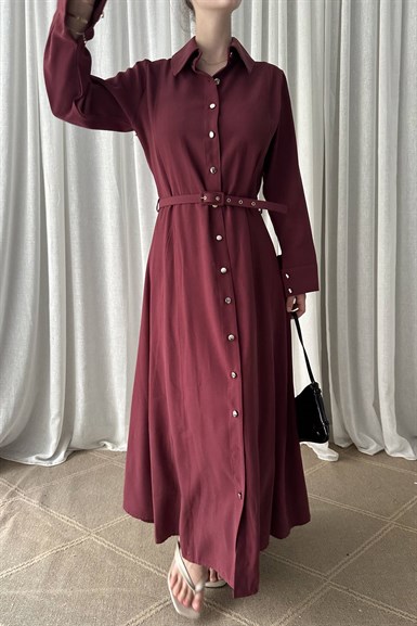 ÖN DÜĞMELİ KEMERLİ TENCEL GÖMLEK ELBİSE