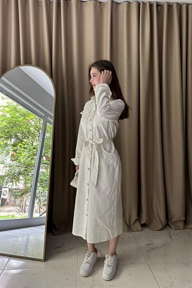 ÖNÜ DÜĞME DETAYLI GABARDİN ELBİSE