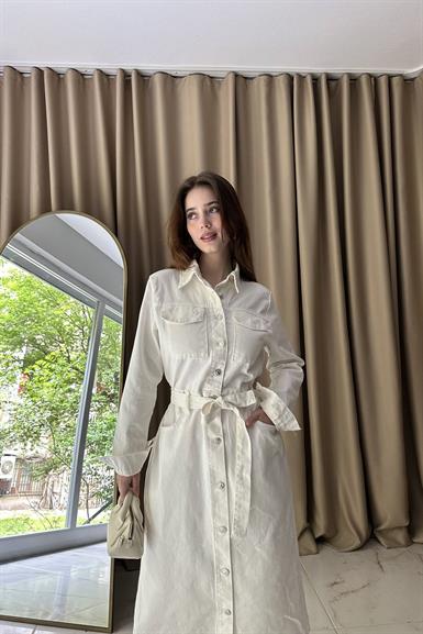 ÖNÜ DÜĞME DETAYLI GABARDİN ELBİSE
