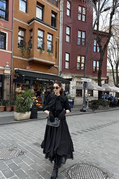 BELİ LASTİKLİ ETEK UCU TÜL DETAYLI ETEK
