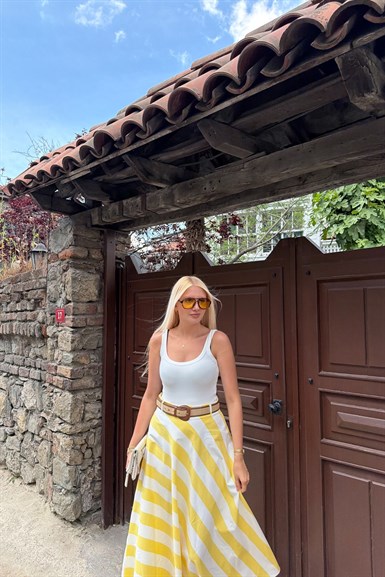 ÇİZGİLİ KEMER DETAY VEREV ETEK