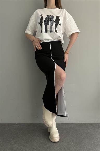 GARNİLİ YIRTMAÇ DETAYLI MİDİ ETEK