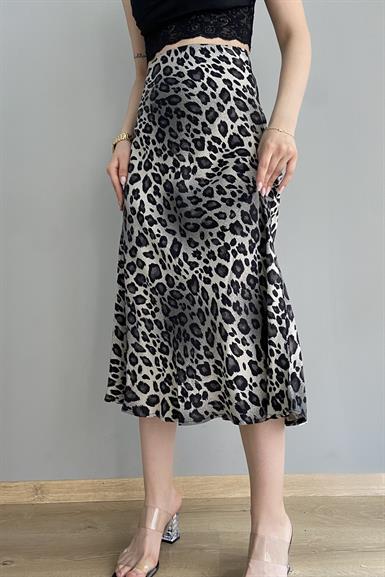 GRİ DESENLİ LEOPAR SATEN ETEK