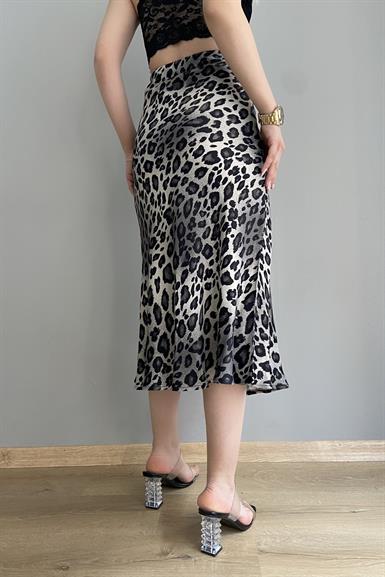 GRİ DESENLİ LEOPAR SATEN ETEK