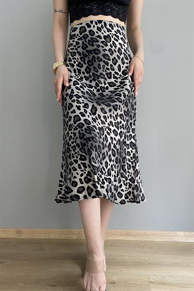 GRİ DESENLİ LEOPAR SATEN ETEK