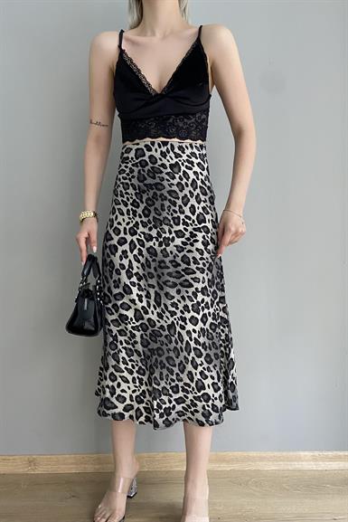 GRİ DESENLİ LEOPAR SATEN ETEK