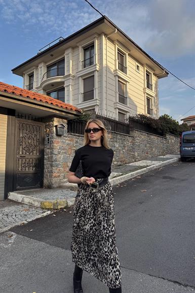 LEOPAR DESEN KIRAŞLI KEMERLİ ETEK