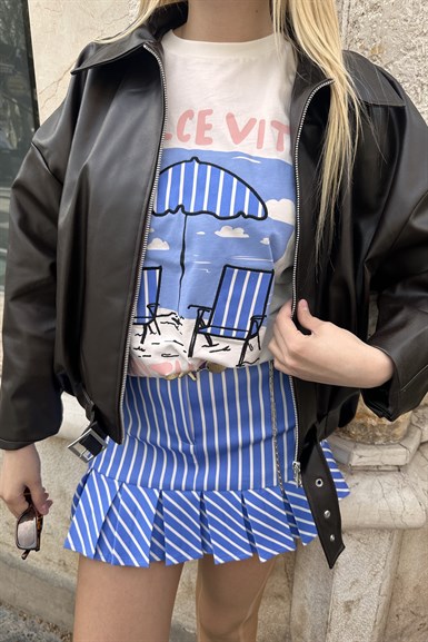 ZİNCİR KEMER DETAY ÇİZGİLİ KISA ETEK