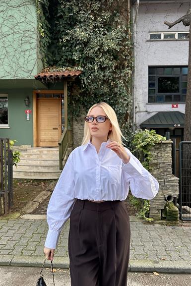 BALON ETEKLİ CEPLİ CROP GÖMLEK