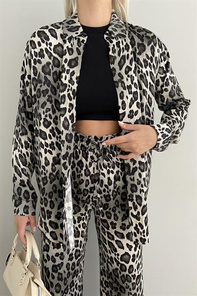 GRI DESENLİ LEOPAR SATEN GÖMLEK