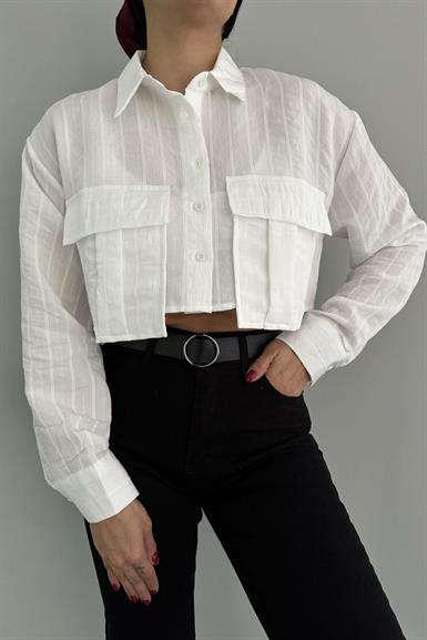 KENDİNDEN ÇİZGİ DETAY CROP GÖMLEK