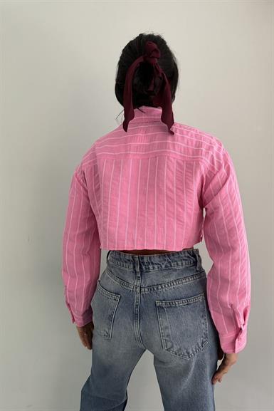 KENDİNDEN ÇİZGİ DETAY CROP GÖMLEK