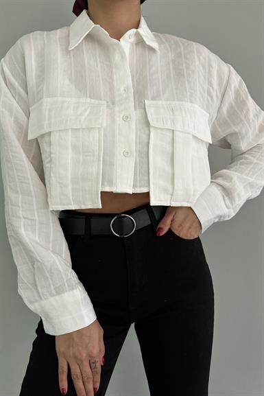 KENDİNDEN ÇİZGİ DETAY CROP GÖMLEK