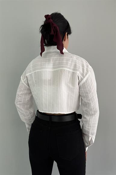 KENDİNDEN ÇİZGİ DETAY CROP GÖMLEK