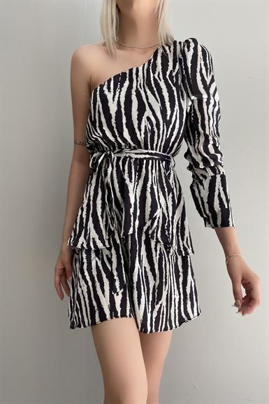 ZEBRA DESEN TEK OMUZ ELBİSE