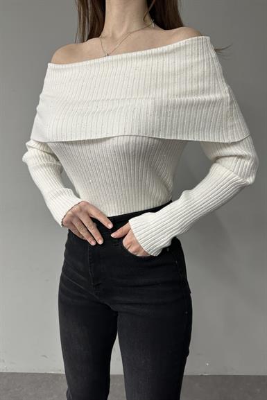 BARDOT YAKA PULLU FİTİLLİ TRIKO KAZAK