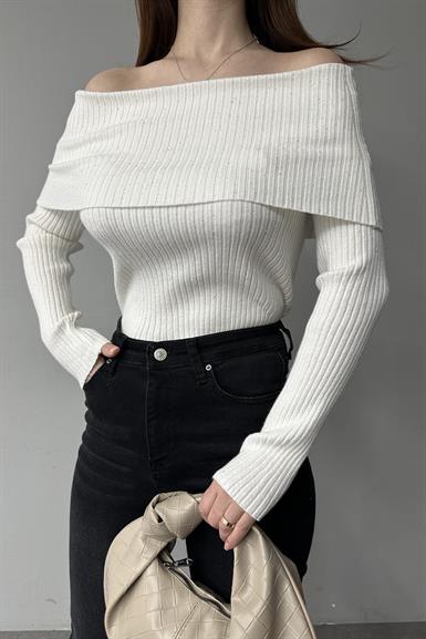 BARDOT YAKA PULLU FİTİLLİ TRIKO KAZAK