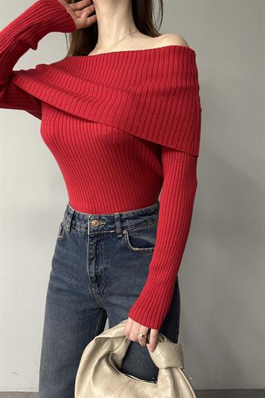 BARDOT YAKA PULLU FİTİLLİ TRIKO KAZAK