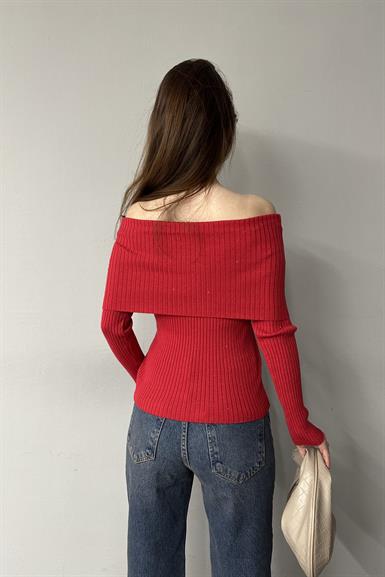 BARDOT YAKA PULLU FİTİLLİ TRIKO KAZAK