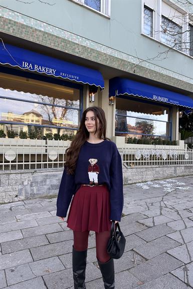 BİSİKLET YAKA AYICIK DESEN OVSİZE TRIKO KAZAK