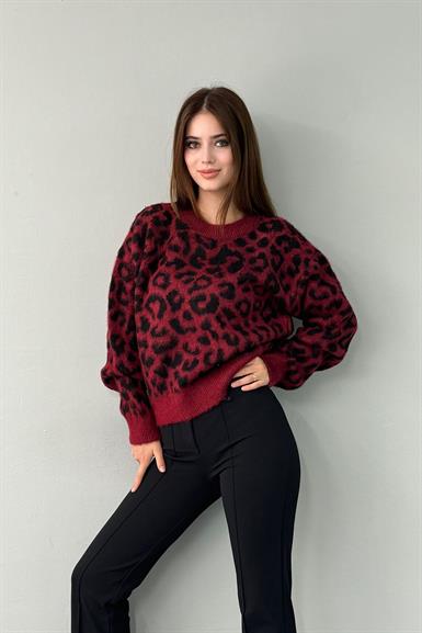 BİSİKLET YAKA LEOPAR ŞARDONLU TRIKO KAZAK