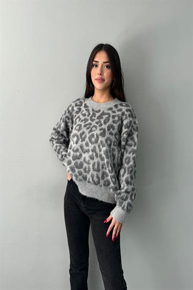 BİSİKLET YAKA LEOPAR ŞARDONLU TRIKO KAZAK