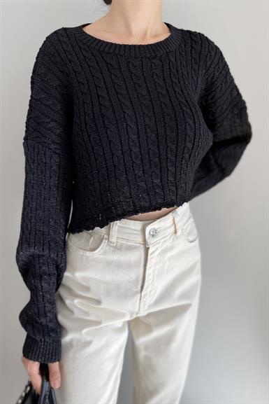 BİSİKLET YAKA SAÇ ÖRGÜLÜ CROP TRIKO