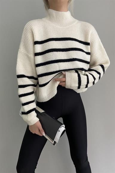 DİK YAKA ÇİZGİLİ CROP KAZAK